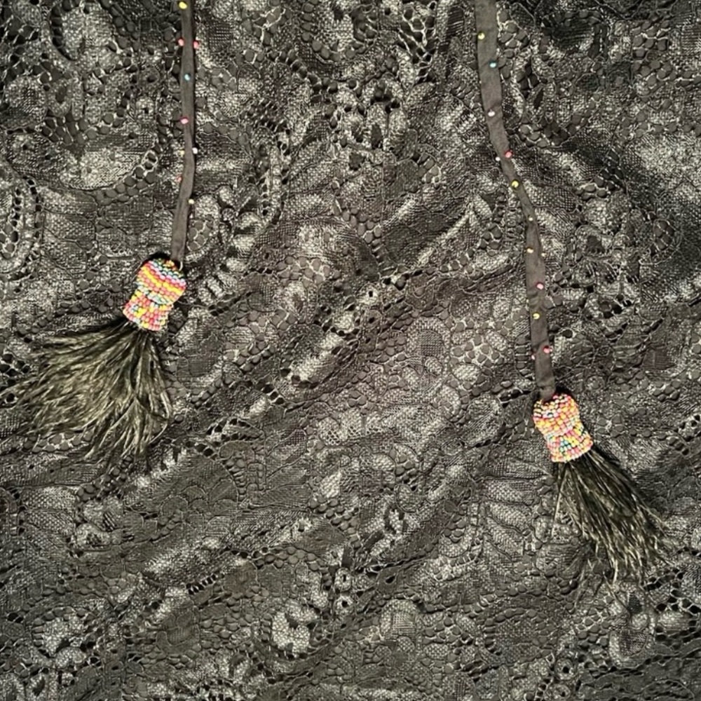 FARM Rio Black Lace Turtleneck Long Sleeve Beaded Feathered Dress Size S - Picture 4 of 8
